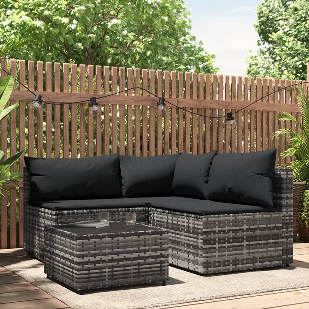 vidaXL 4 Piece Patio Lounge Set - Elegant Gray Poly Rattan with Cushions, Weather-Resistant, Sturdy Steel Frames, Tempered Glass Table, Modular Design