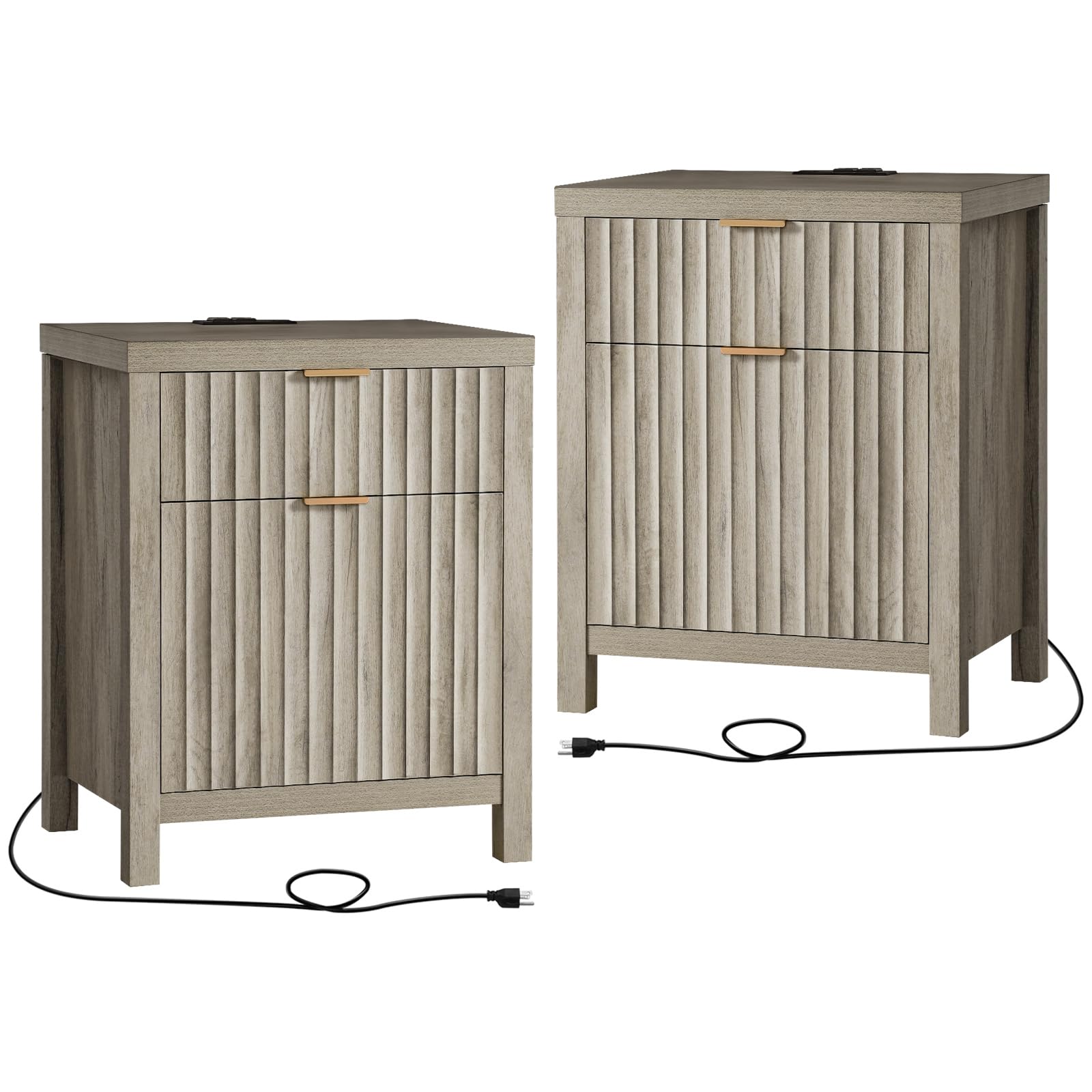 OAKHAM HOME Oxford 2 Drawer Nightstand, End Table with Charging Station, Night Stand with Fluted Panel, Bed Side Table Set of 2 