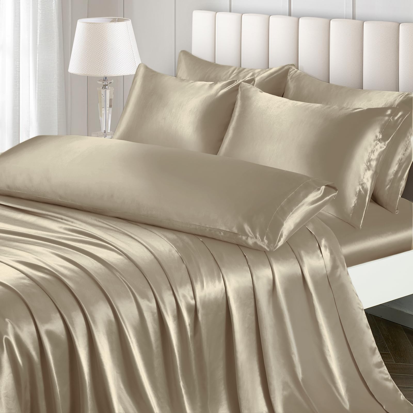 Ersmak 7 Pieces Satin Sheets Set Queen Size, Luxury Silky Sand Satin Bed Sheets Set with 1 Deep Pocket Fitted Sheet, 1 Soft Flat
