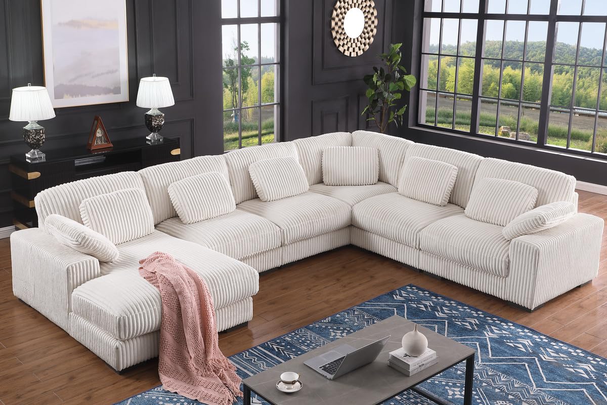 Lilola Home Nadine 155.5' W Beige Corduroy Modular Corner Sectional Sofa with Left-Facing Chaise