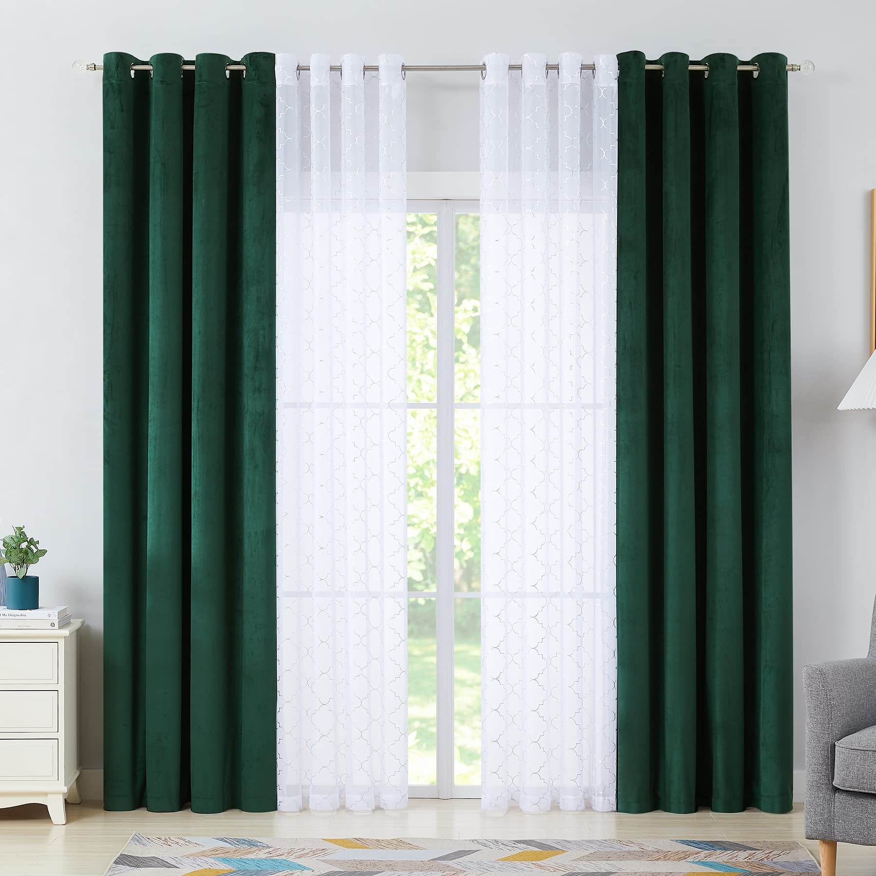 4 Pieces Mix And Match Spring Green And White Curtains Set 84 Inch For Living Room, Moroccan Silver Printed White Voile Sheer &