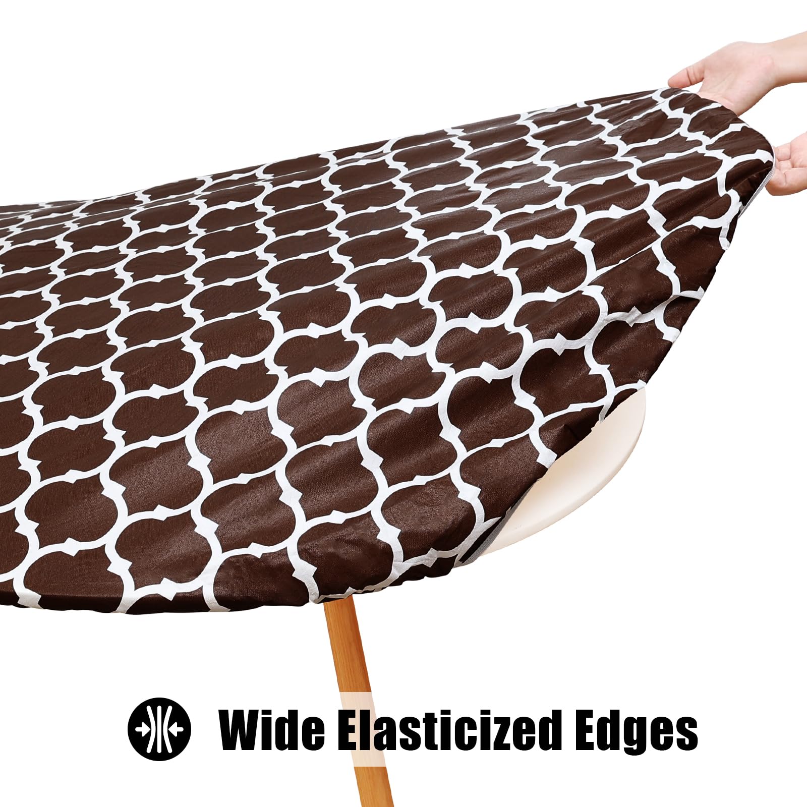 Smiry Round Picnic Tablecloth, Waterproof Elastic Fitted Table Covers For 57' - 68' Tables, Wipeable Flannel Backed Vinyl Tablecloths For Camping, Indoor, Outdoor, Coffee & White