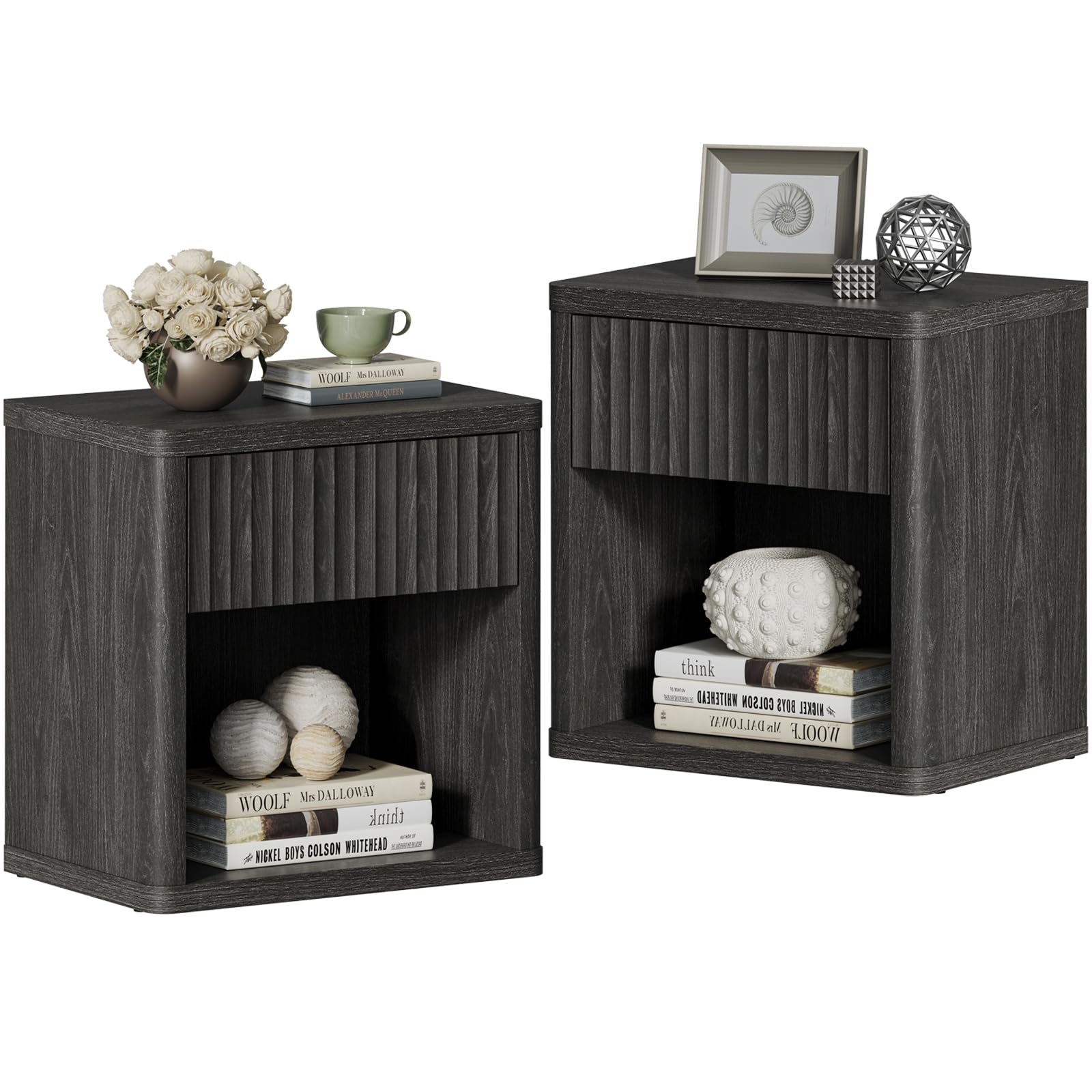 Sicotas Night Stand Set Of 2 Nightstands With Drawer Storage Fluted Bed Side Table End Table Large Modern 22.7' Wide Bedside Stand Mid Century Night Stands For Bedroom Living Room Sofa Office