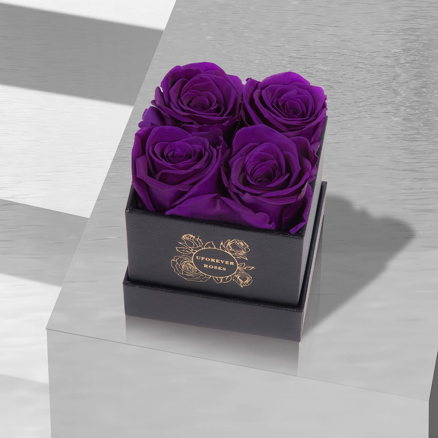 UFOREVER ROSES Purple Preserved Roses Gift Box - 4-Piece Small Size Preserved Flowers for Her