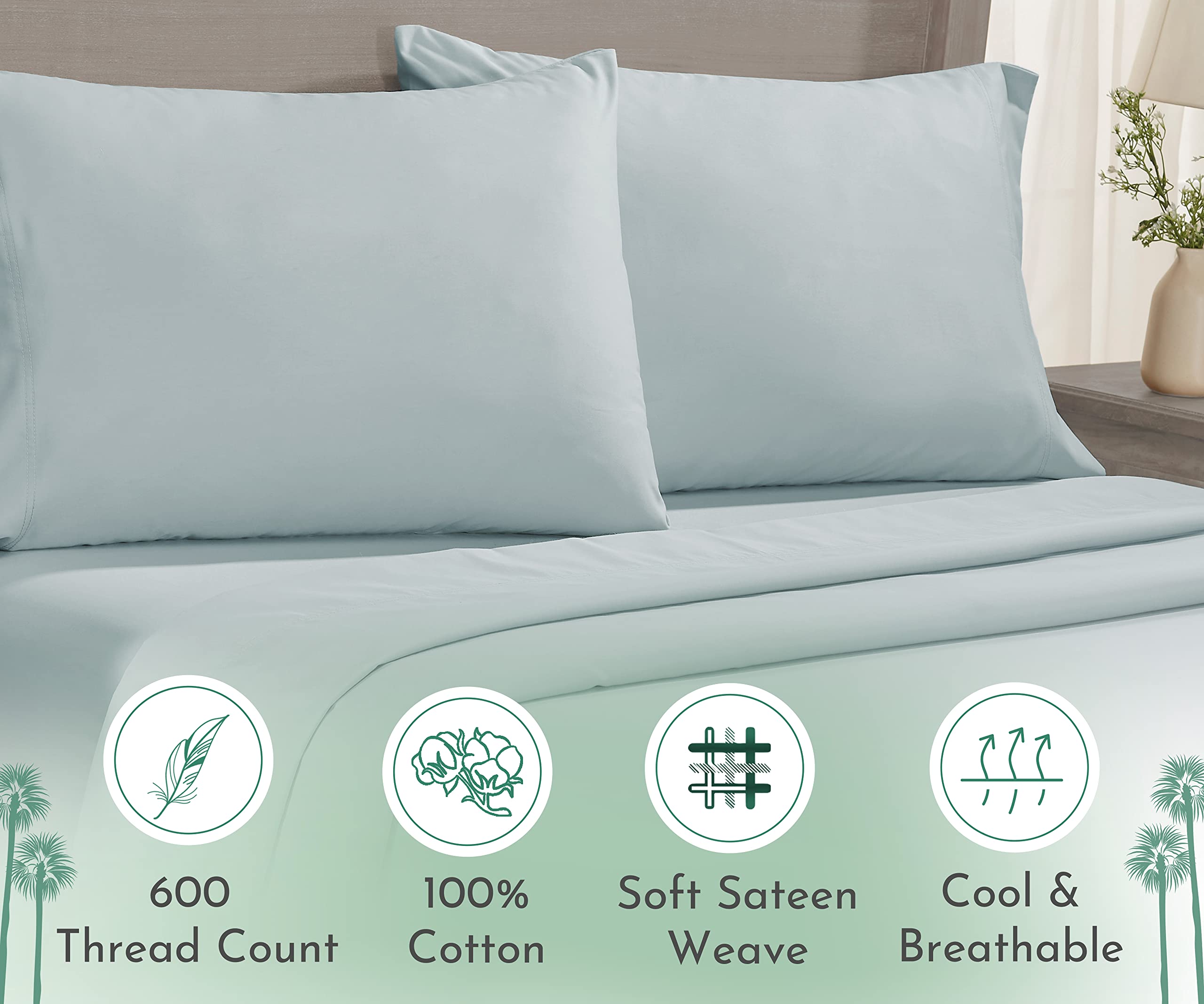 California Design Den Luxuriously Soft Hotel Quality 600 Thread Count, 100% Cotton Set Of 2 Cases, Crisp & Cool Standard Pillows Cases Set Of 2 Fits Standard & Queen Pillows (Seafoam)