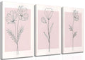 3 Pieces Minimalism Botanical Canvas Wall Art Pink Flowers Line Plants Pictures Wall Decor Posters Print Artwork for Girls Room