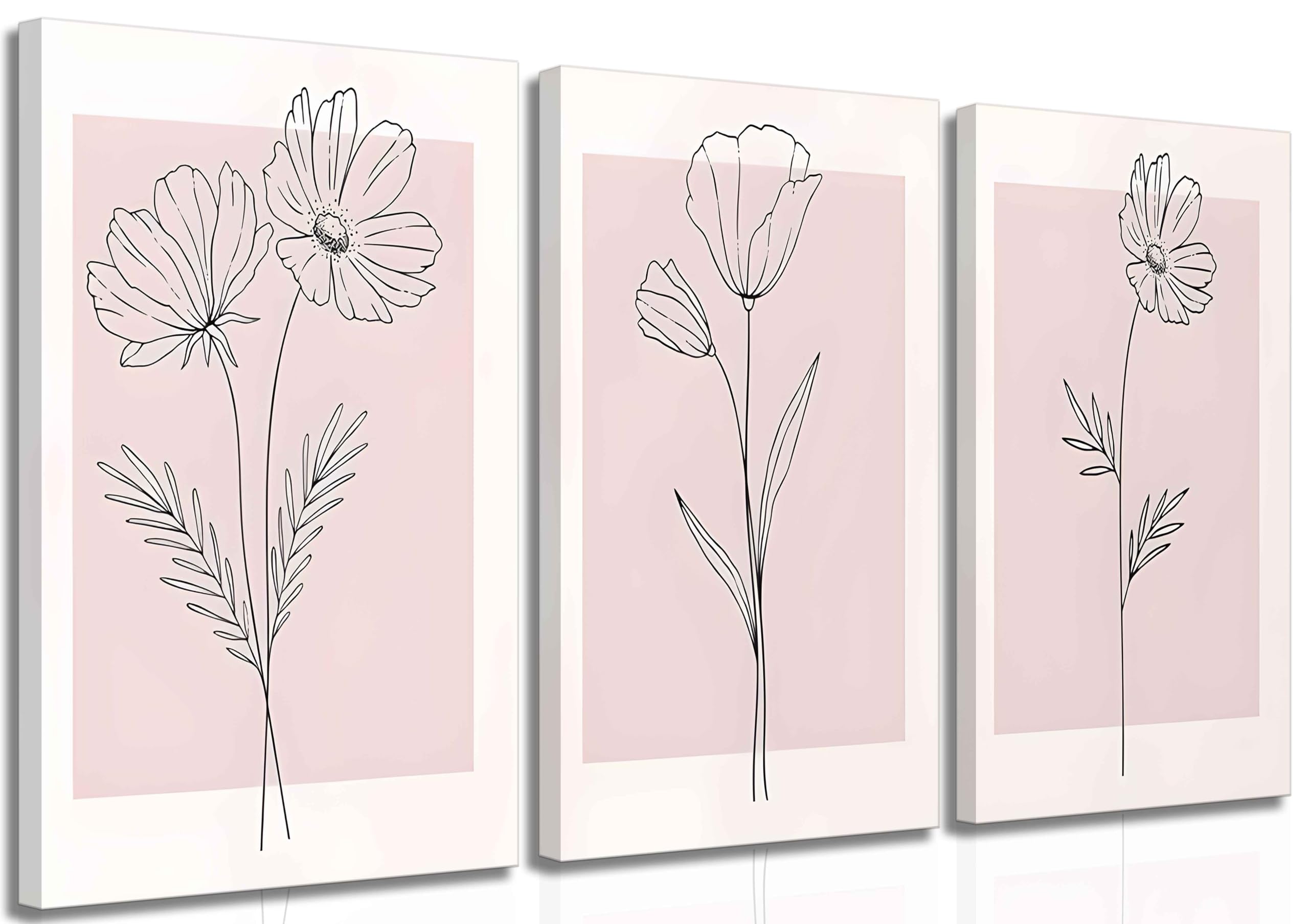 3 Pieces Minimalism Botanical Canvas Wall Art Pink Flowers Line Plants Pictures Wall Decor Posters Print Artwork for Girls Room