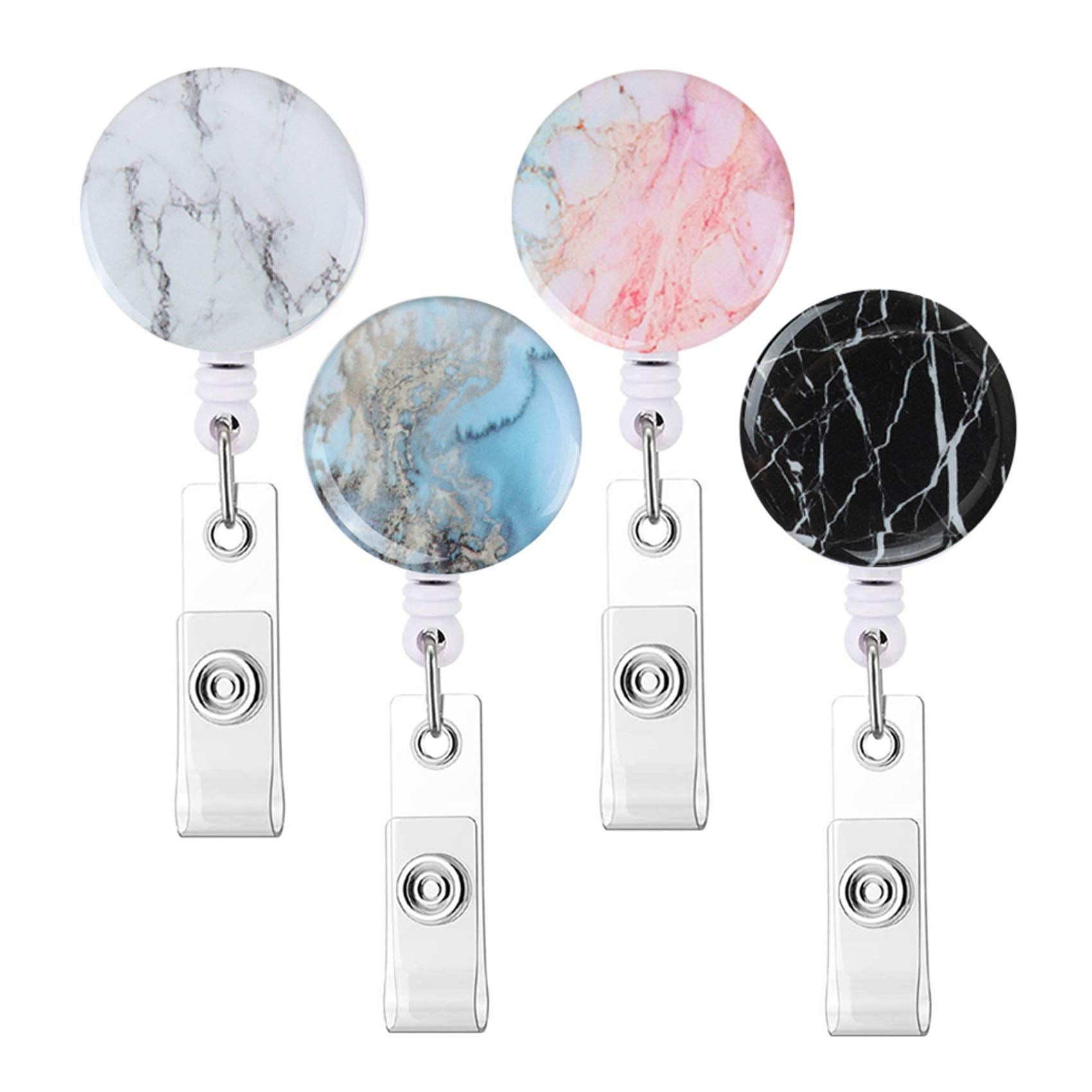 Retractable Badge Holders, Cute Nursing Badge Reel, Badge Clip Id Card Holders (4Pack Marble(W+O+B+B))