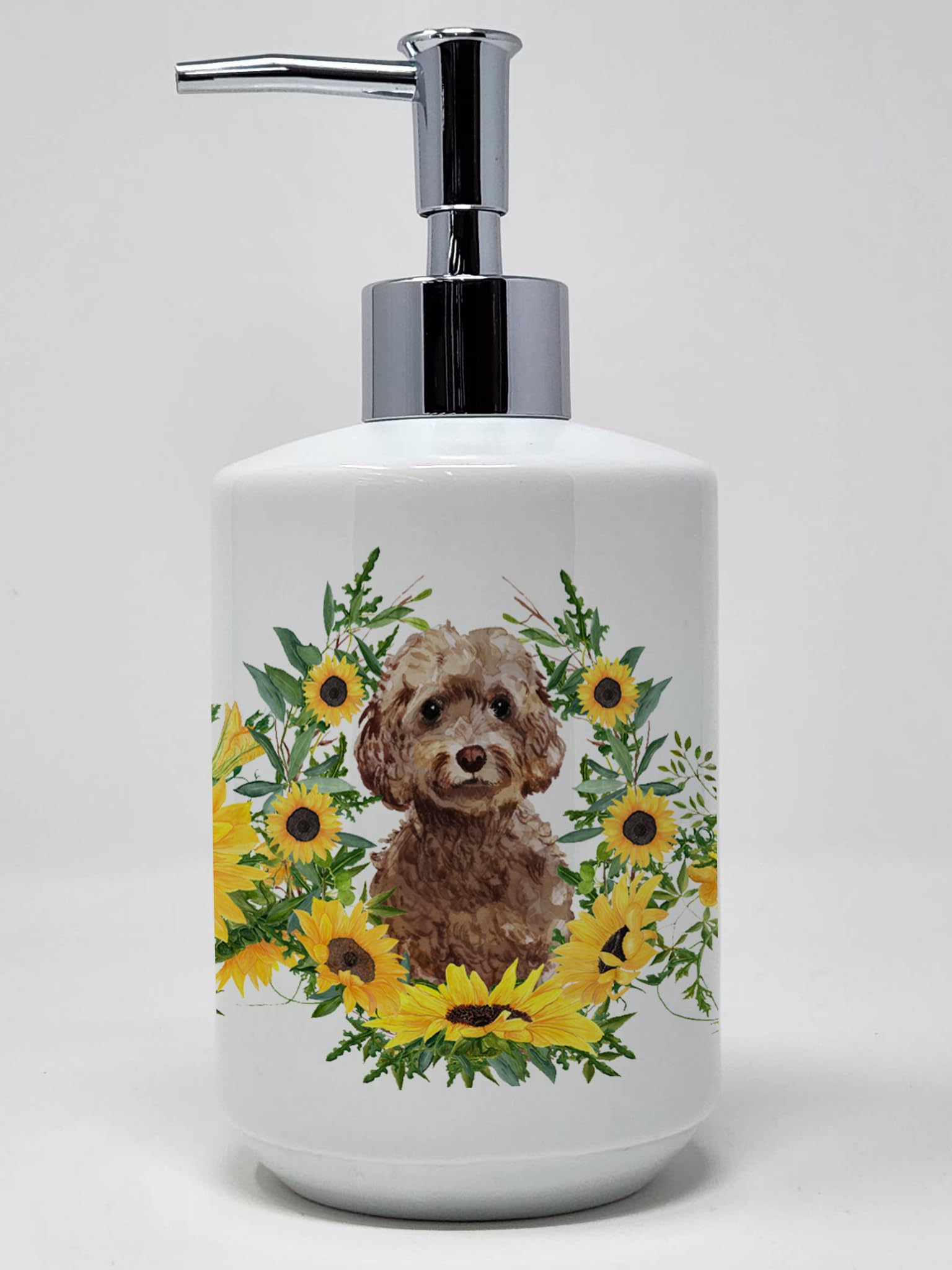 Caroline's Treasures CK2948SOAP Brown Cockapoo in Sunflowers Ceramic Soap Dispenser Hand Soap Dispenser Pump Bottles for Bathroo
