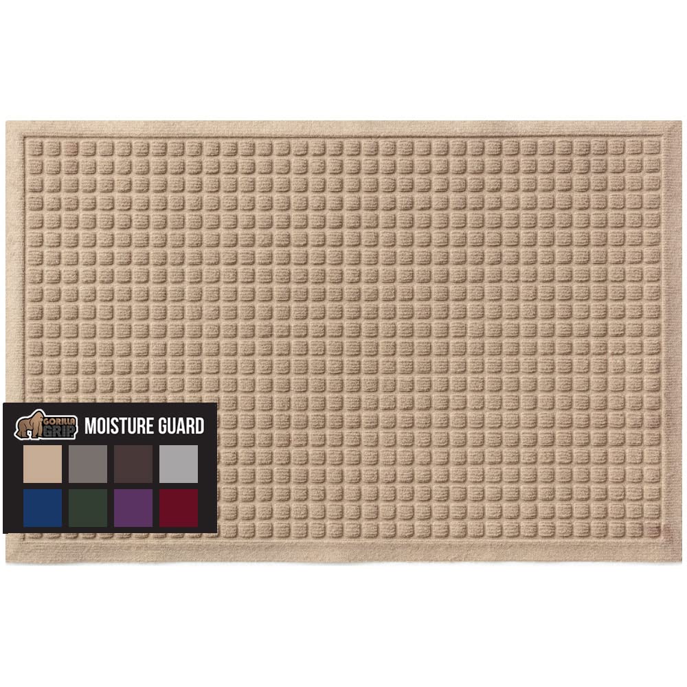 Gorilla Grip Ultra Absorbent Moisture Guard Doormat, Absorbs Up To 1.7 Cups Of Water, Stain And Fade Resistant, Spiked Rubber Backing, All Weather Mats Capture Dirt, Indoor Outdoor, 29X17, Beige