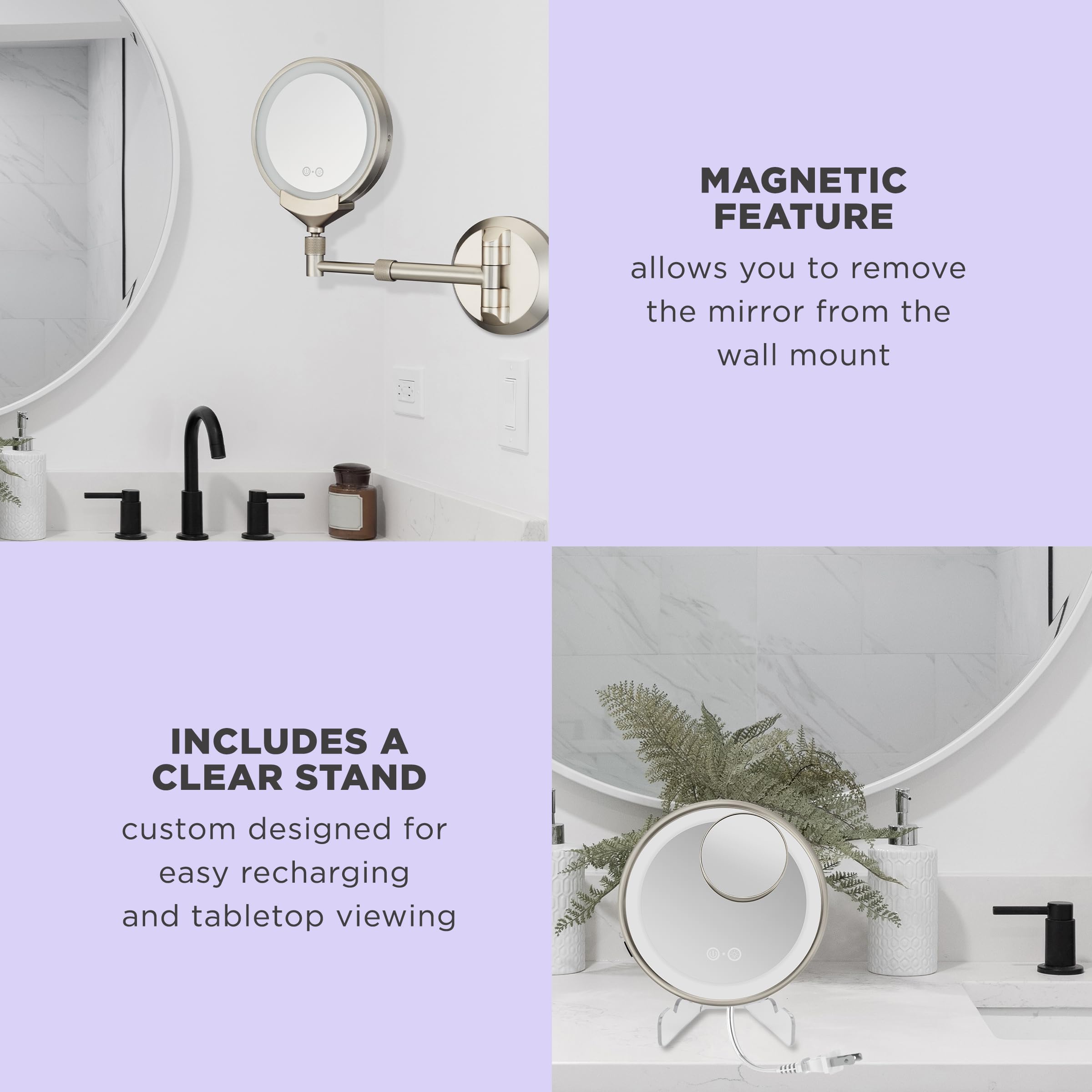 Conair Lighted Makeup Mirror, Wall Mount Bathroom Mirror, Led Vanity Mirror, 1X/5X/10X Magnifying Mirror, Rechargeable In Satin