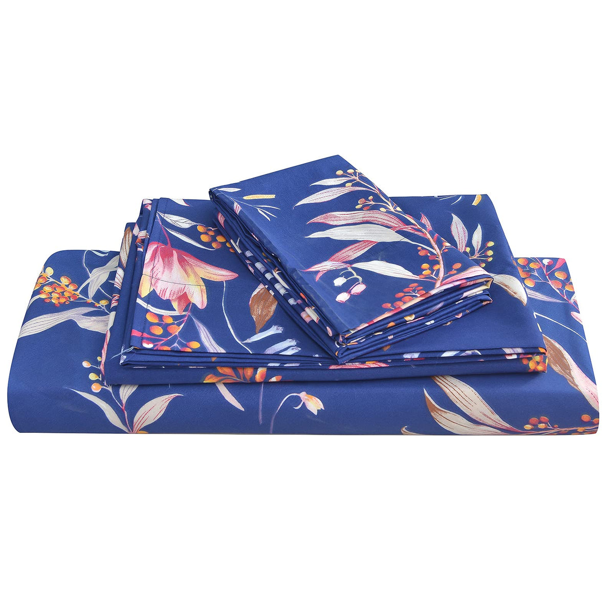 Jsd Navy Blue Floral Print Sheet Set Queen, Botanical Soft Microfiber Bedding Sheets Extra Deep Pocket 4 Piece