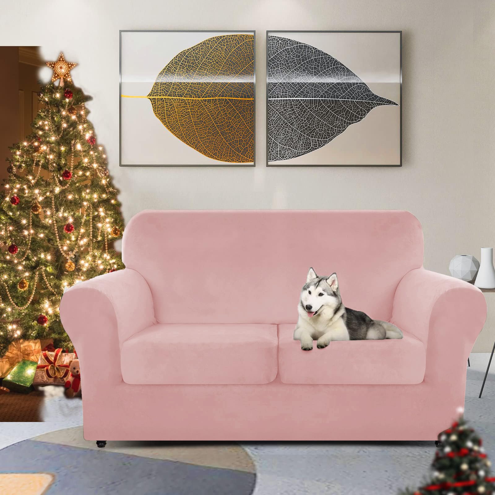 Znsayotx Luxury Velvet Sofa Cover 3 Piece (57'-70') Stretch Loveseat Covers For 2 Cushion Couch Thick Soft Couch Slipcover With Non Slip Strap, Dog Pet Friendly Nice Furniture Protector (Rose)