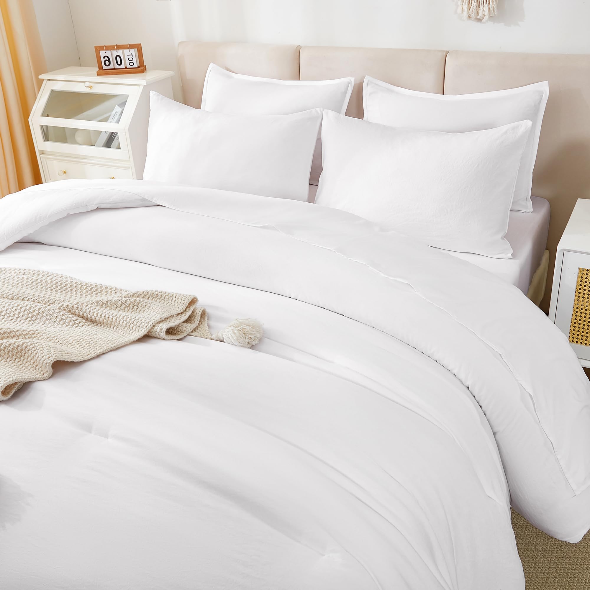 Litanika Comforter King Size Set White - 7 Pieces Bed In A Bag King Beddding Comforter Sets, Plain Lightweight Bed Set With Comf
