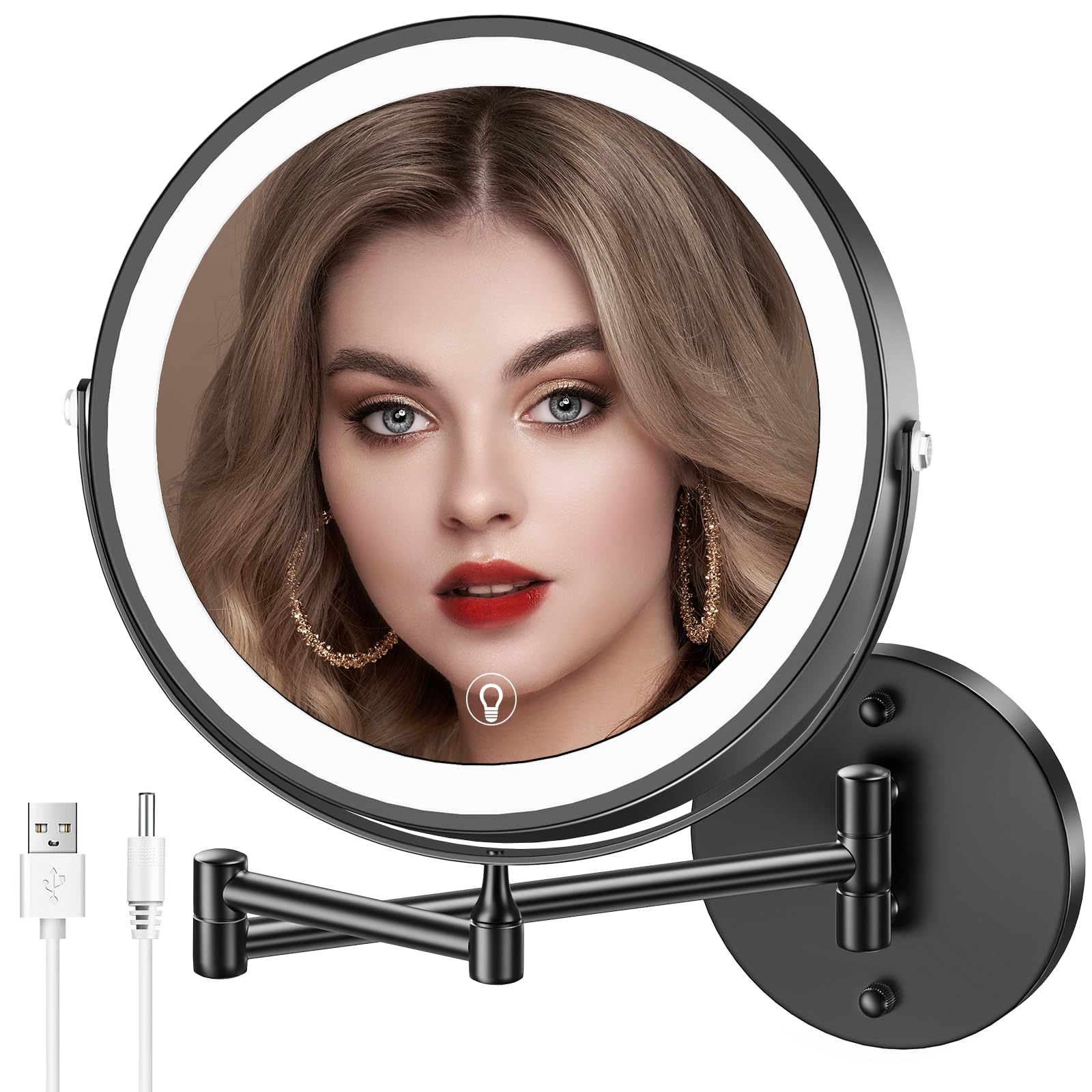 MNIENT Wall Mounted Lighted Makeup Mirror,8' Rechargeable Double-Sided Magnifying Mirror 1x/10x,3 Color Led Vanity Mirror with 