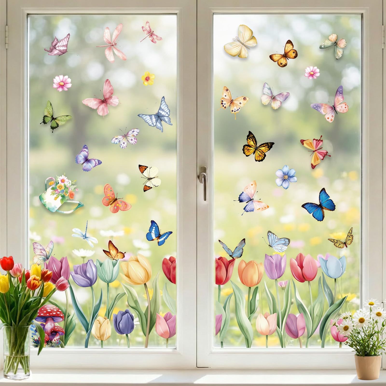 9 Sheets Spring Window Clings Decor, Flower Butterfly Window Stickers for Home, Office & Classroom, Tulip Floral Decals Decorati