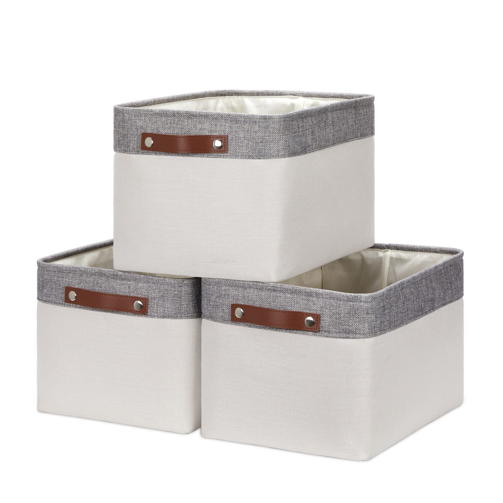 Hnzige Large Storage Baskets For Shelves(3 Pack) Fabric Storage Baskets, Toy Basket With Leather Handles, Decorative Foldable Storage Baskets For Organizing Closet Home (Gray&White-Leather Handles, 15' X 11' X 9.5')