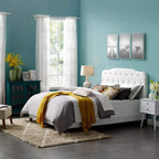 CasaFoyer Amelia Full Bed | Luxurious Upholstered Fabric | Button-Tufted Headboard | Solid Wood Construction | Non-Marking Wood Legs | Box Spring Required | 800 lbs Weight Capacity | White