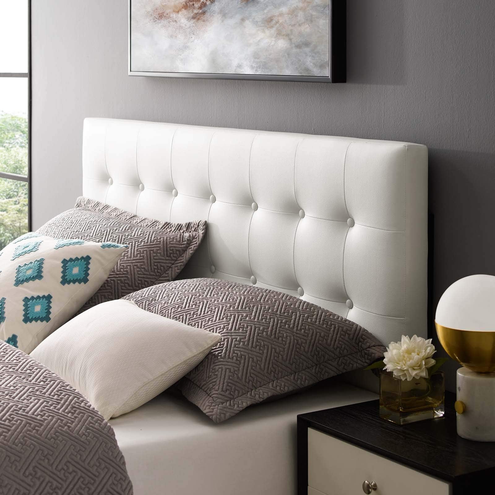 Modway Emily Tufted Button Faux Leather Upholstered Queen Headboard in White