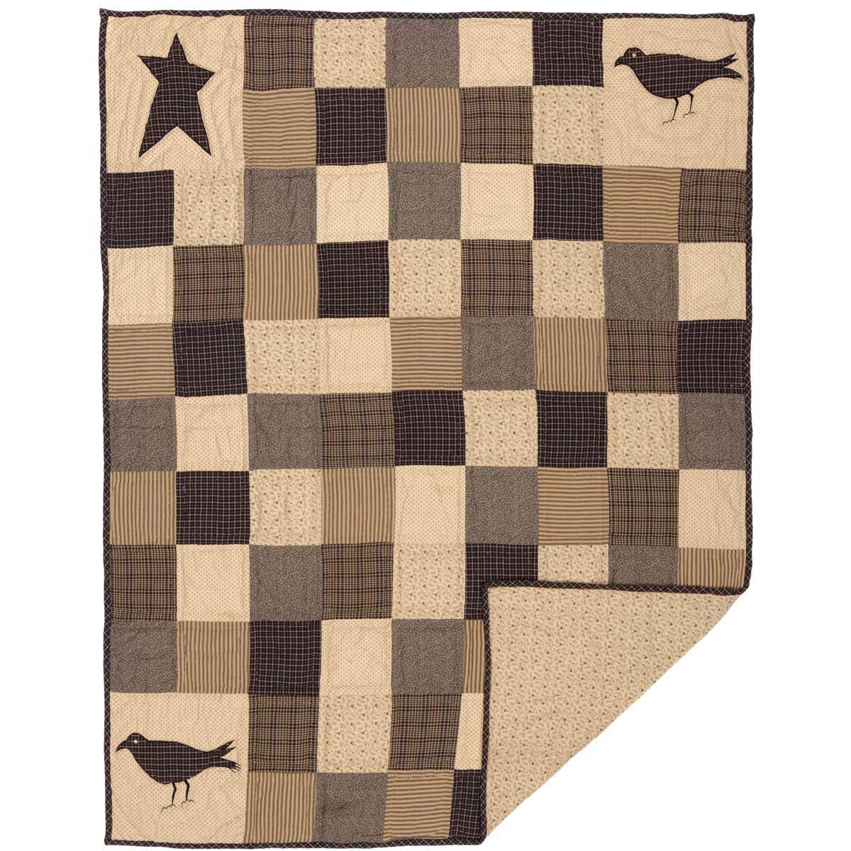 Vhc Brands Kettle Grove Crow And Star Cotton Primitive Decor Rod Pocket Pre-Washed Appliqued Throw, 60X50, Patchwork