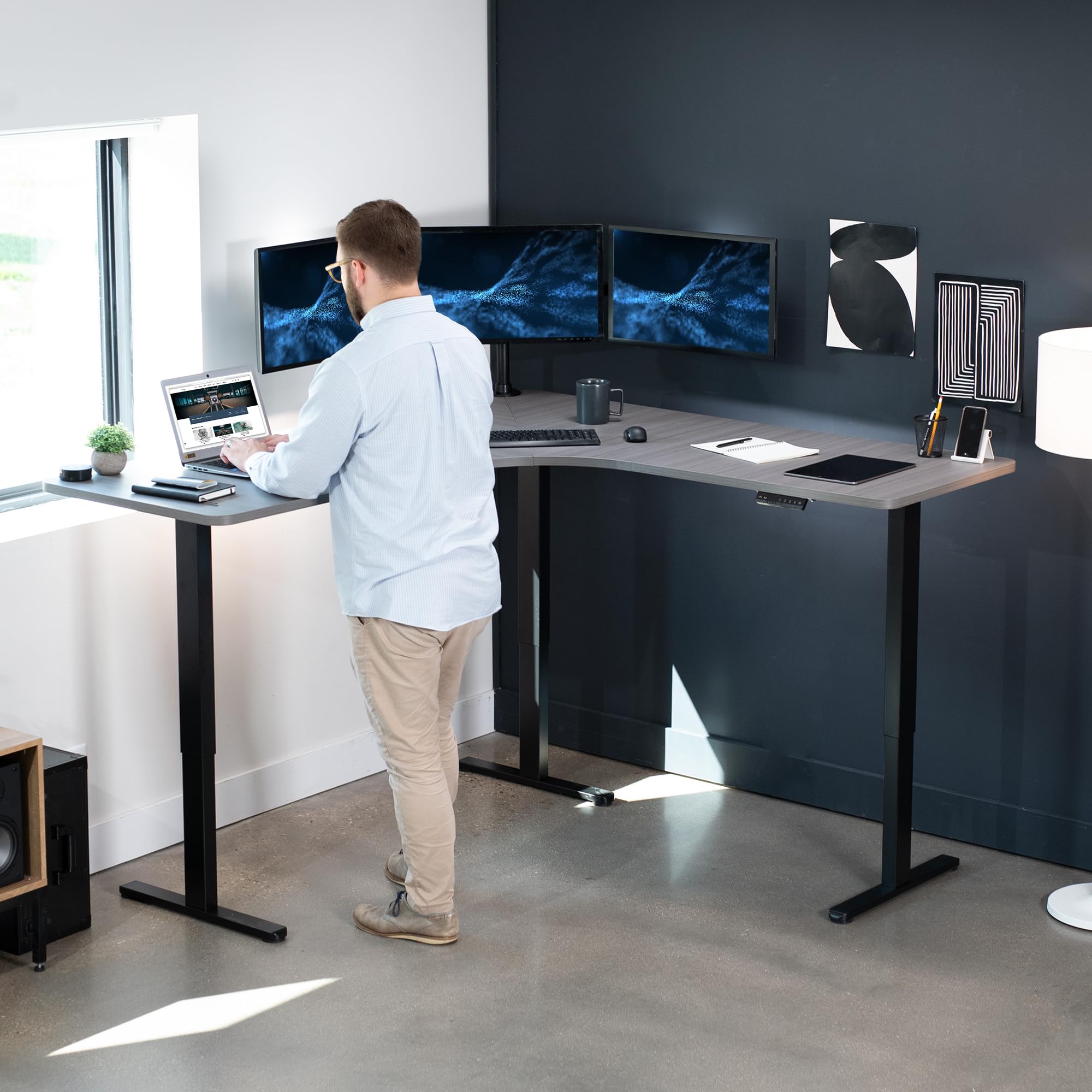 Vivo Electric Height Adjustable 71 X 71 Inch Curved Corner Stand Up Desk, Dark Gray Table Top, Black Frame, Memory Controller, L-Shaped Workstation, E3C Series, Desk-Kit-E3Cbg