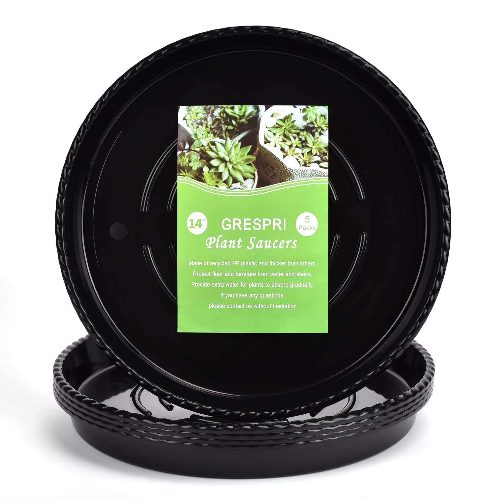 Grespri Heavy-Duty Black Plant Saucer 14 Inches, 5 Packs Durable Plastic Plant Trays, Sturdy Thickned Planter Drip Trays For Ind
