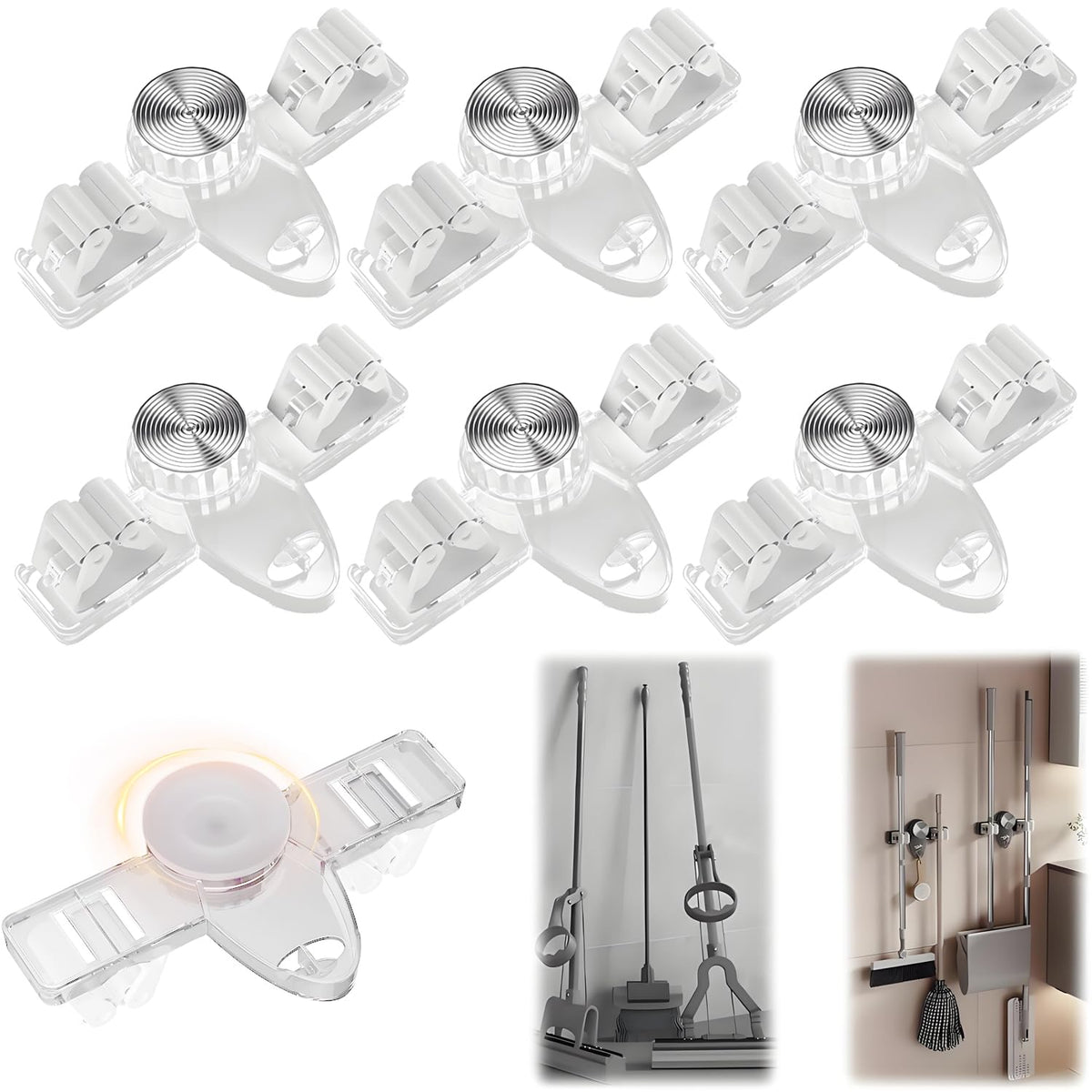 yunanwa 6 Pack Broom Holder Wall Mount Mop Hanger, No Drill Suction Cup Mop Broom Organizer with Hooks, Space Saving Rack Remova