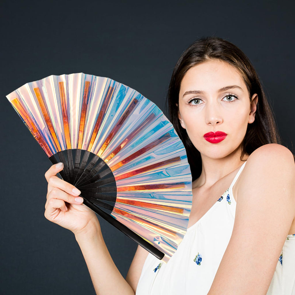 Colorful Laser Rave Hand Fan,Large Folding Hand Rave Fan For Festival&Halloween,Clack Handheld Fan For Party,Rainbow Rave Access