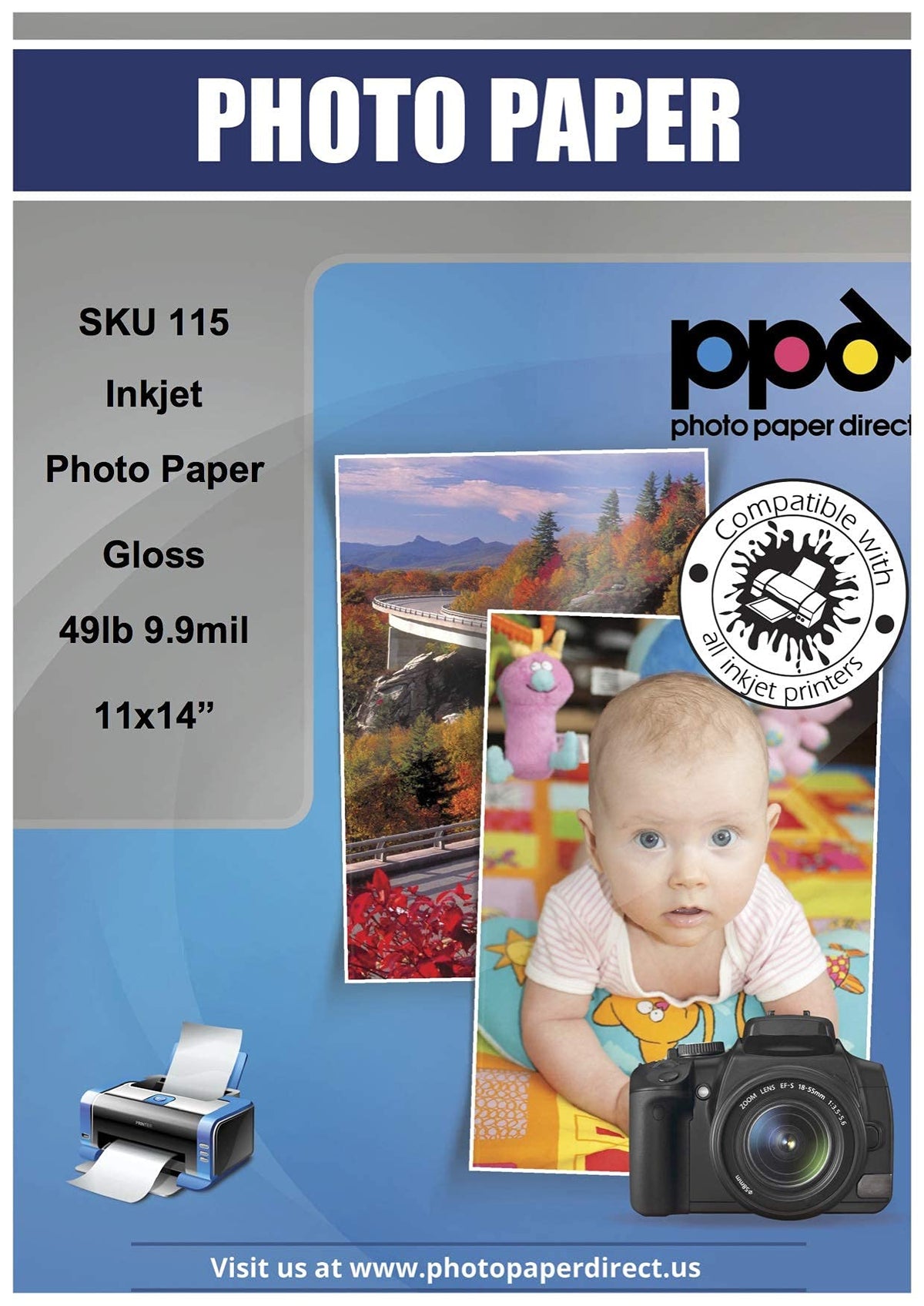Ppd Inkjet Glossy Photo Paper 11X14' 49Lb. 180Gsm 9.9Mil X 50 Sheets (Ppd115-50)