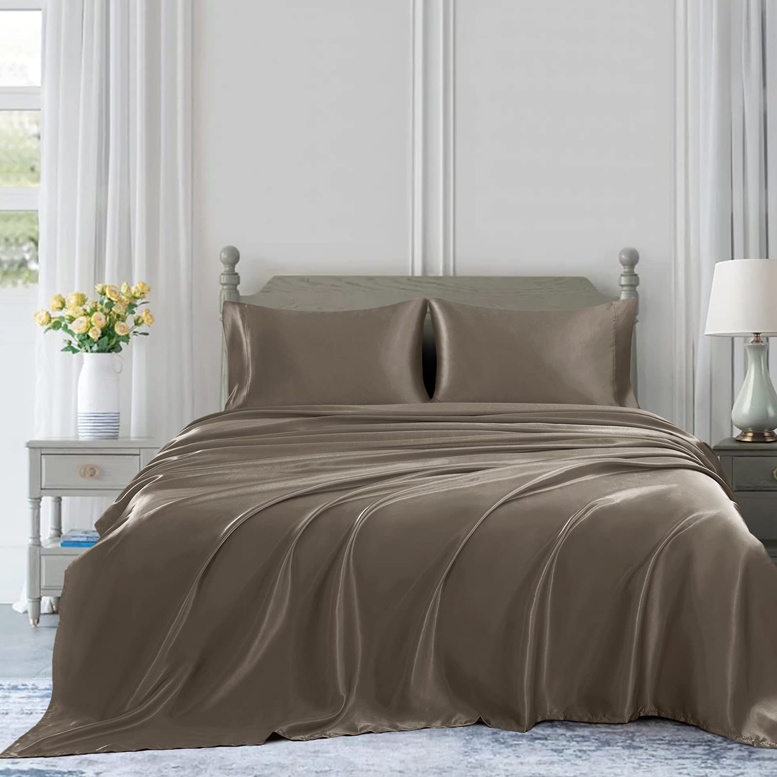 Homiest 4Pcs Satin Sheets Set Luxury Silky Satin Bedding Set With Deep Pocket, 1 Fitted Sheet + 1 Flat Sheet + 2 Pillowcases (King Size, Tinfoil Brown)