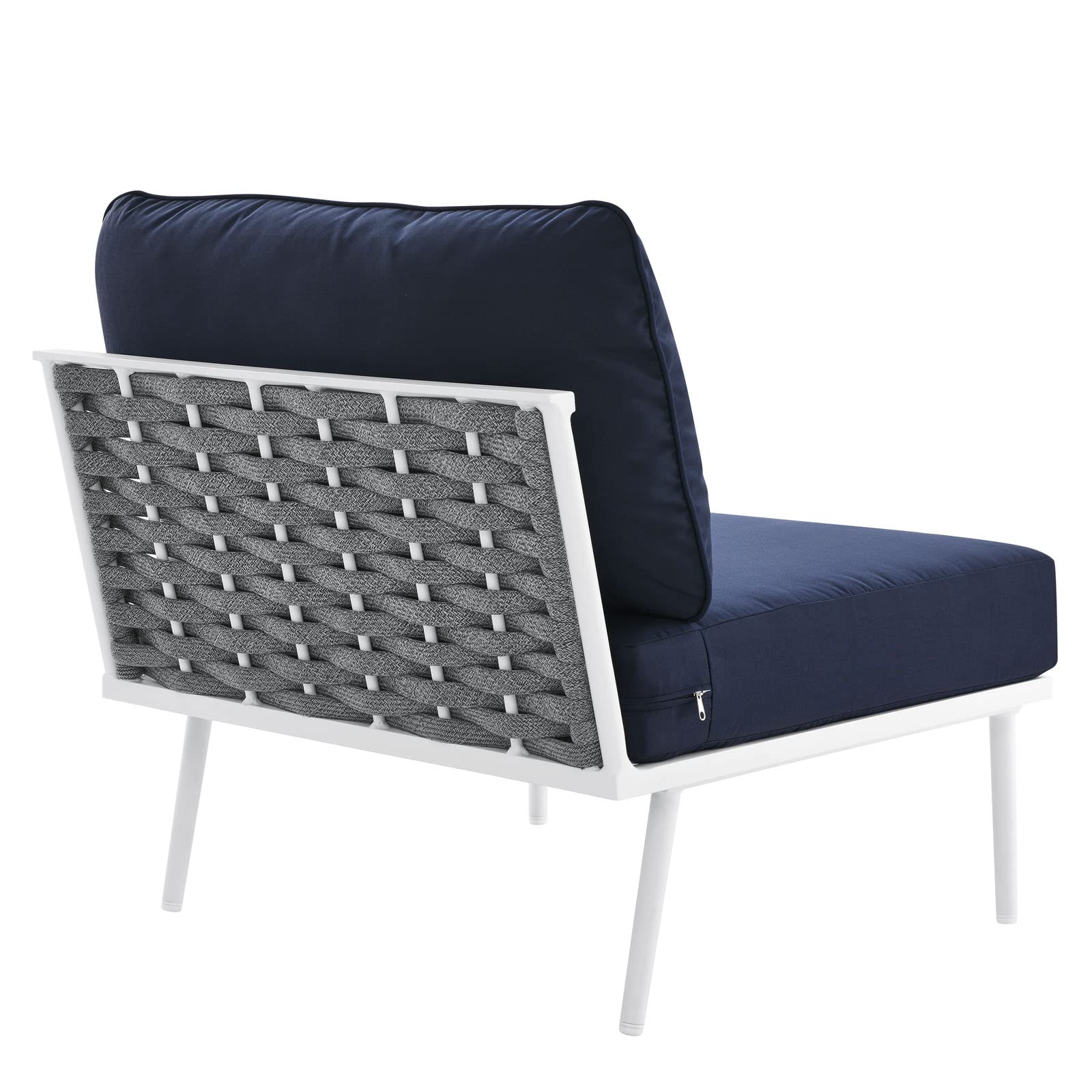 Modway Stance Outdoor Patio Woven Rope Aluminum Sectional Sofa, Armless Chair, White Navy
