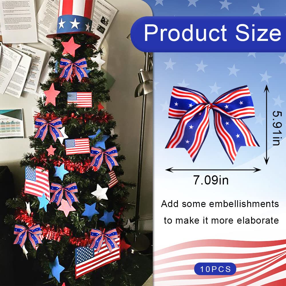 Heureppy 10PCS Patriotic Wreath Bows - 4th of July Decor, Wave Strips Stars, Burlap Ribbon Bows for Indoor/Outdoor Tree Topper Supplies