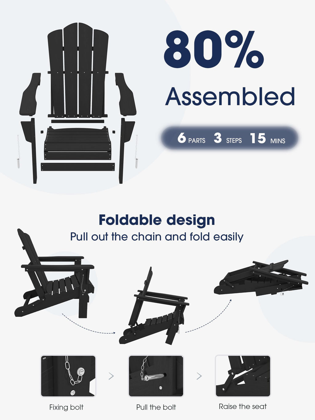 Kingyes Folding Adirondack Chair Set Of 6, Hdpe All-Weather Folding Adirondack Chairs, Outdoor Patio Adirondack Chair For Deck Lawn Fire Pit, Black