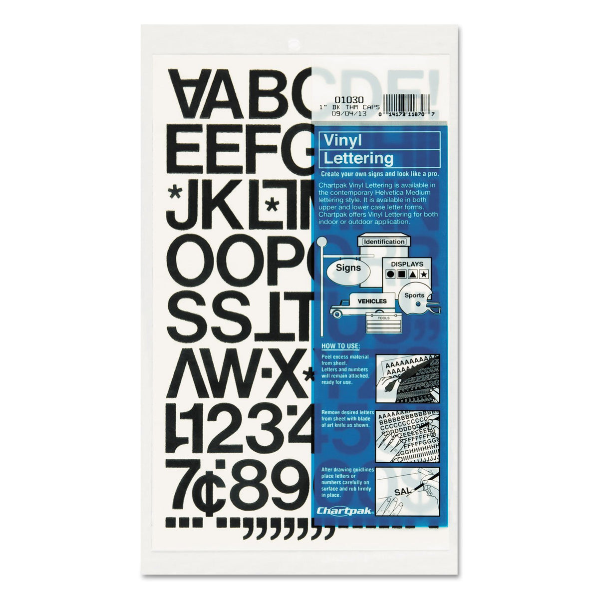 Chartpak Self-Adhesive Vinyl Capital Letters And Numbers, 1 Inch High, Black, 88 Per Pack (01030)