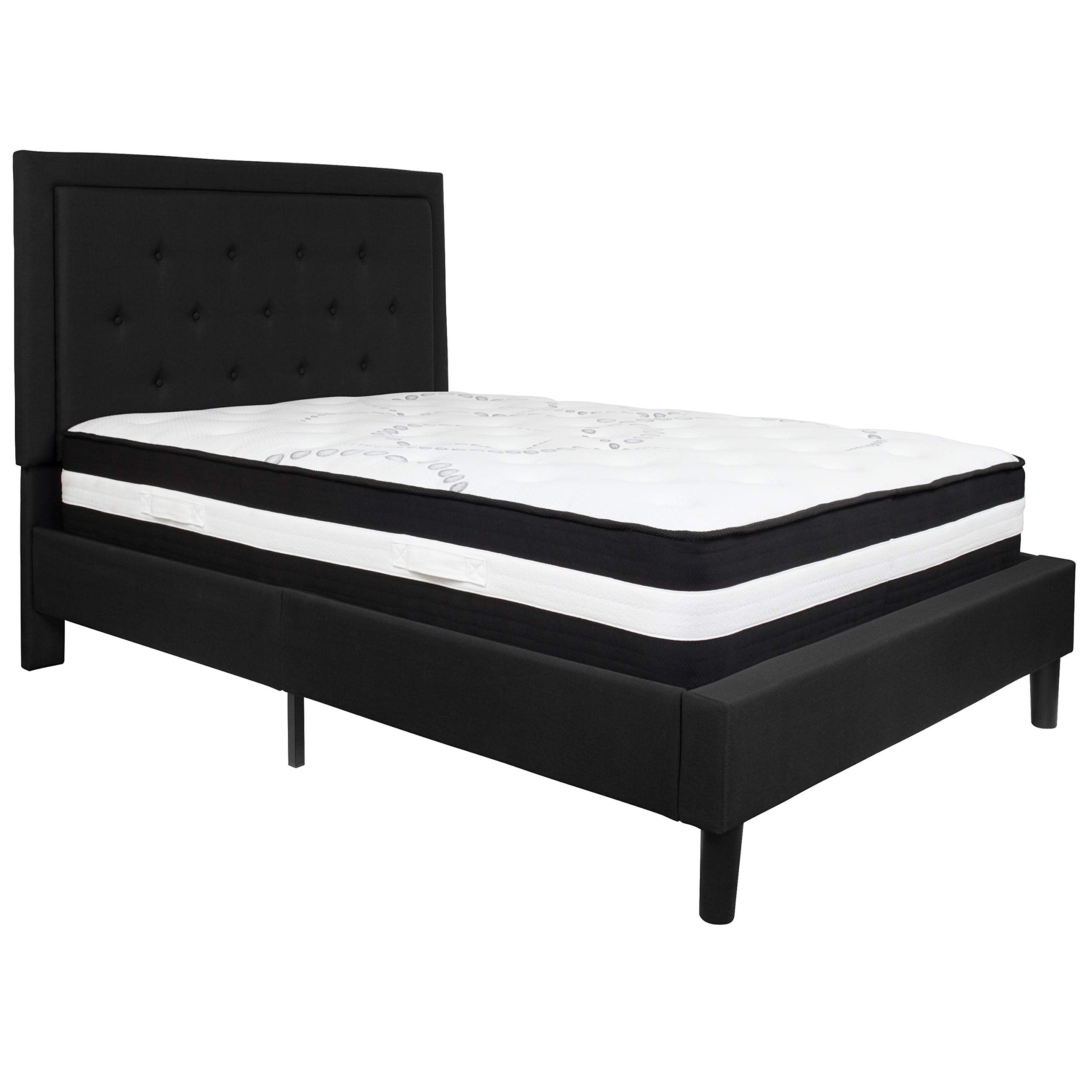 Flash Furniture Roxbury Full Size Tufted Upholstered Platform Bed In Black Fabric With Pocket Spring Mattress