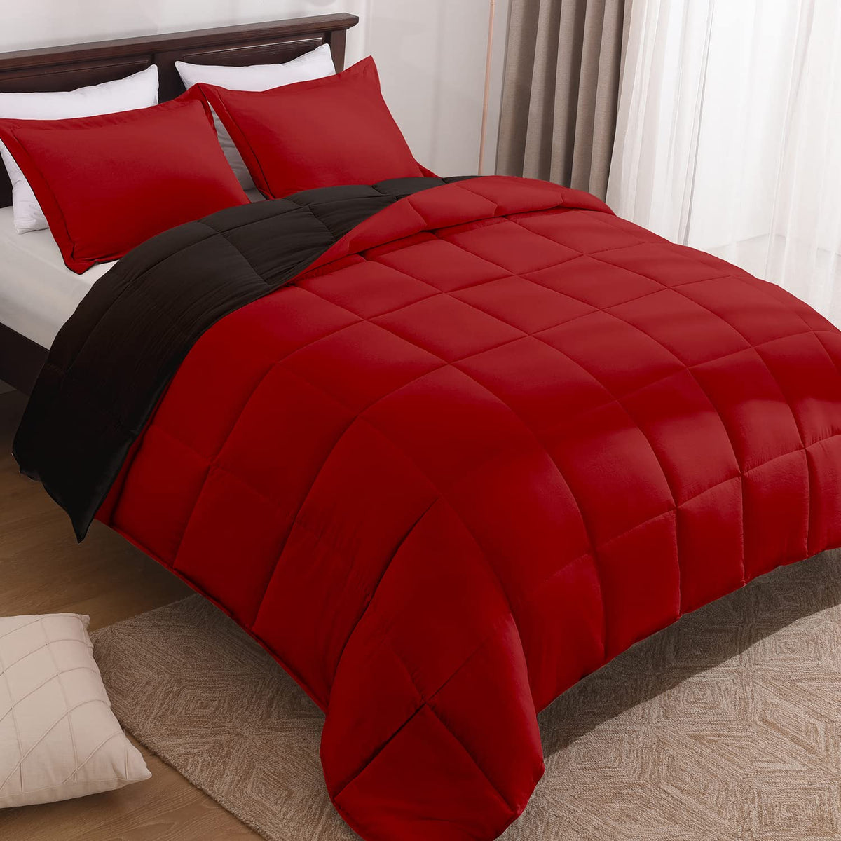 Basic Beyond King Size Comforter Set - Fluffy King Bed Comforter Set For All Seasons - Reversible Red Comforter Set King - 3 Pie