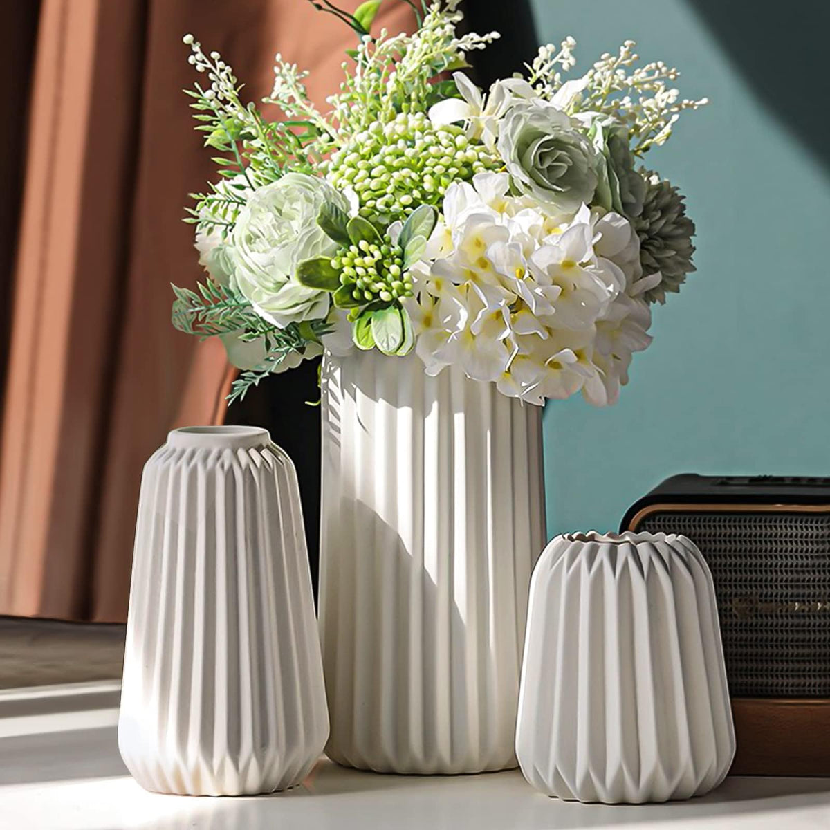 White Ceramic Vase -Set of 3 Boho for Modern Home Decor,Nordic Minimalism Decor Office Entryway Living Room Centerpiece Table De