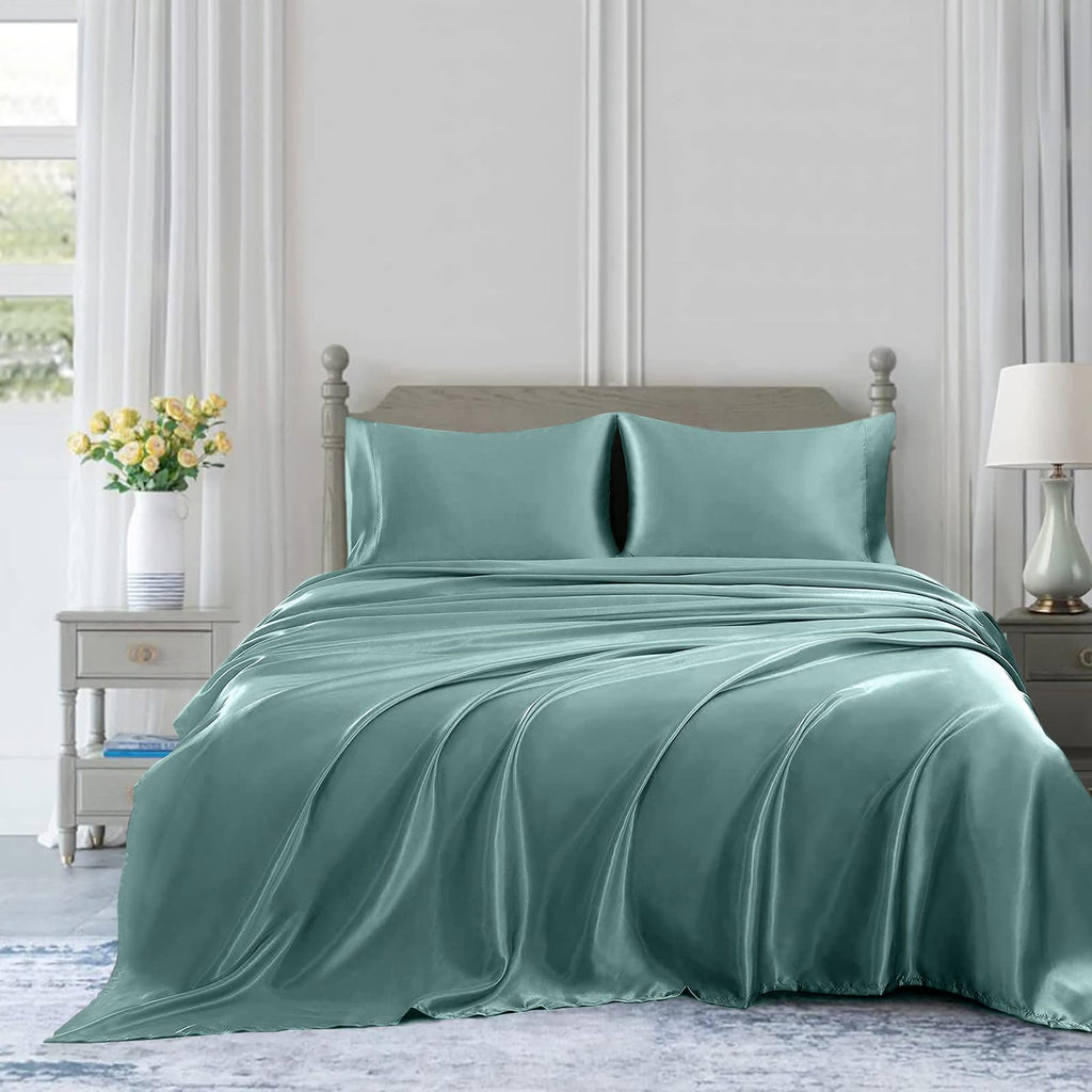 Homiest 4Pcs Satin Sheets Set Luxury Silky Satin Bedding Set With Deep Pocket, 1 Fitted Sheet + 1 Flat Sheet + 2 Pillowcases (Full Size, Greyish Green)
