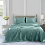 Homiest 4Pcs Satin Sheets Set Luxury Silky Satin Bedding Set With Deep Pocket, 1 Fitted Sheet + 1 Flat Sheet + 2 Pillowcases (Full Size, Greyish Green)