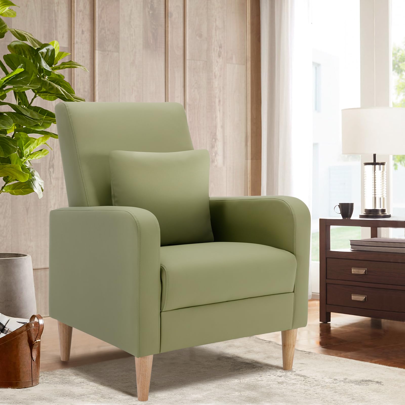 COLAMY Faux Leather Living Room Accent Chair Armchair with Pillow, Reading Side Chair,Single Sofa with Wood Legs, L-Green