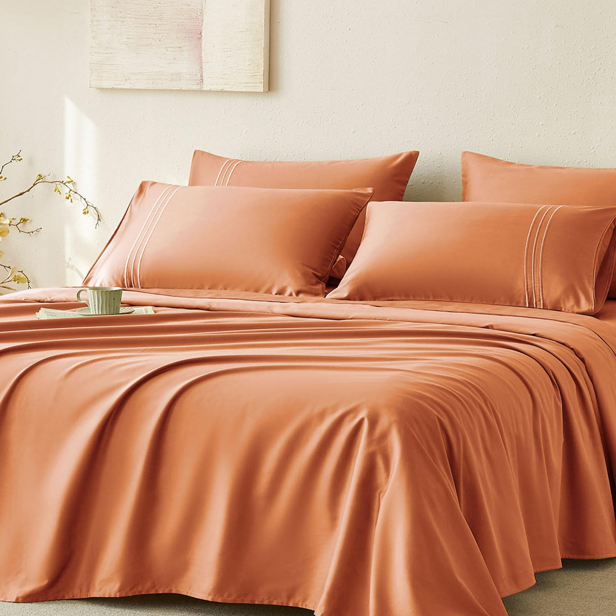 Jellymoni Full Sheet Sets Orange - 400 Thread Count 100% Cotton Sheets, 4 Pieces Silkly Sateen Cotton Sheet Set, Wrinkle Free Ho