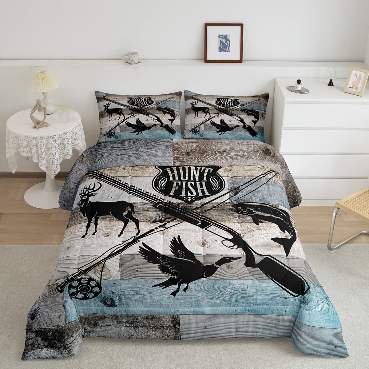 Castle Fairy Kids Hunt Fish Bedding Comforters King Size,Deer Bird Fish Animal Hunting Comforter Set Adult Women Room Decor,Rust