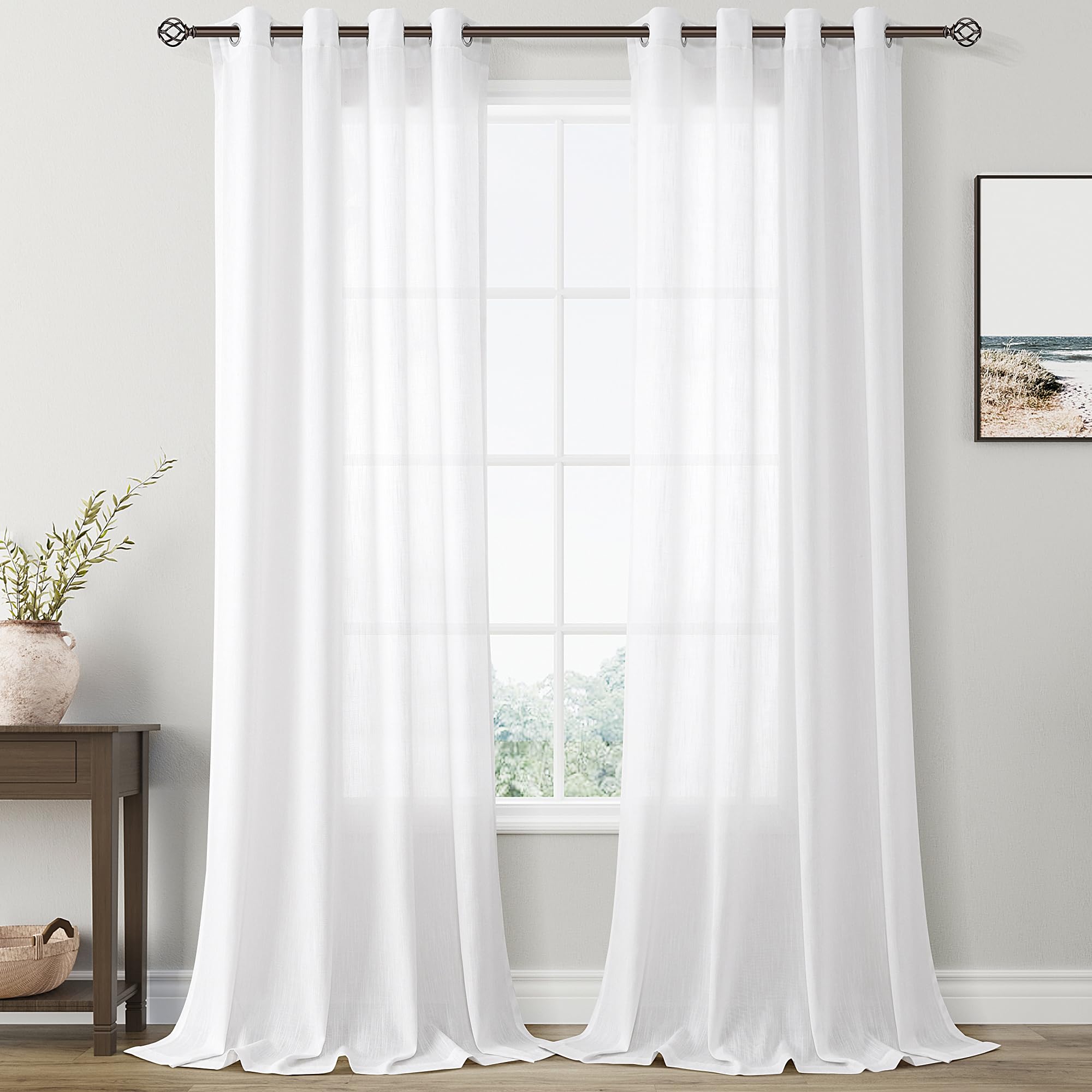 Semi Sheer White Curtains 90 Inches Long For Bedroom Light Filtering Privacy Sheer Curtain Drapes Modern Elegant Coastal Decor T