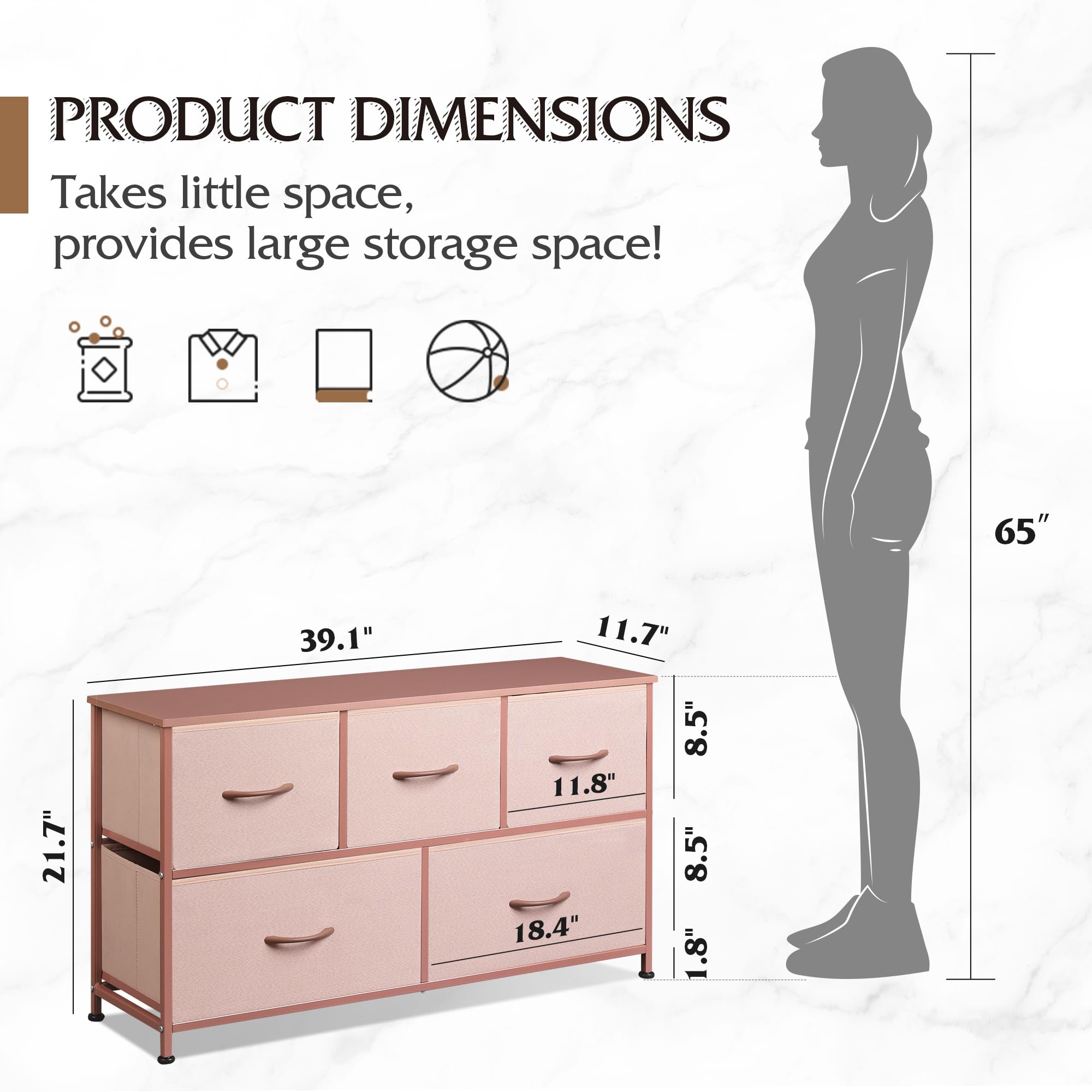 Wlive Dresser For Bedroom With 5 Drawers, Wide Chest Of Drawers, Fabric Dresser, Storage Organization Unit With Fabric Bins For Closet, Living Room, Hallway, Pink And Rose Gold