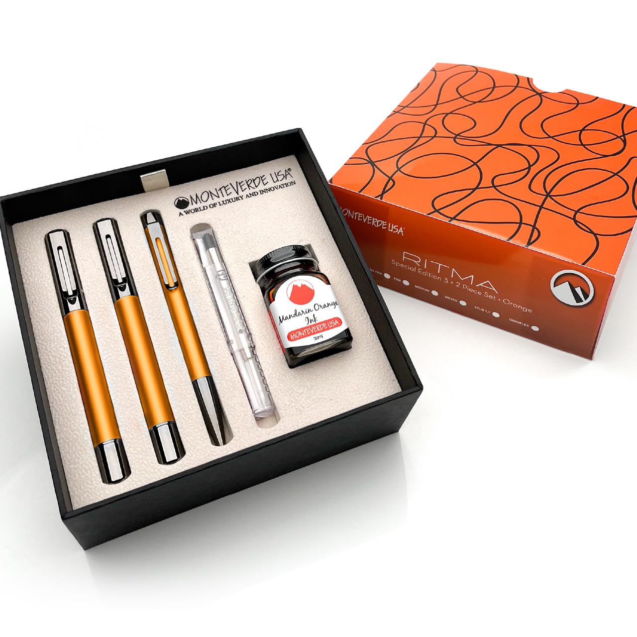 Monteverde Usa Ritma Special Edition 2023 3+2 Piece Set (Anodized Orange) - Fine Nib - Luxury Case, An Ideal Gift Suits Business