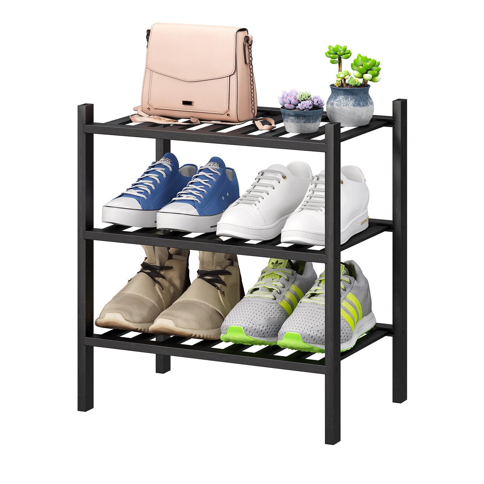 Viewcare Small Shoe Rack For Entryway,3-Tier Black Bamboo Shoe Organizer For Hallway Closet, Free Standing Shoe Racks For Indoor Outdoor