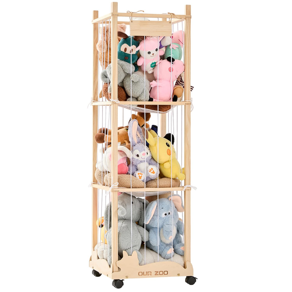 PHOKID 56In Animal Storage Zoo Tower with Wheels, Large Wooden Stuffed Animal Organizer with Elastic Band & Mesh Bottom, Toy Sto