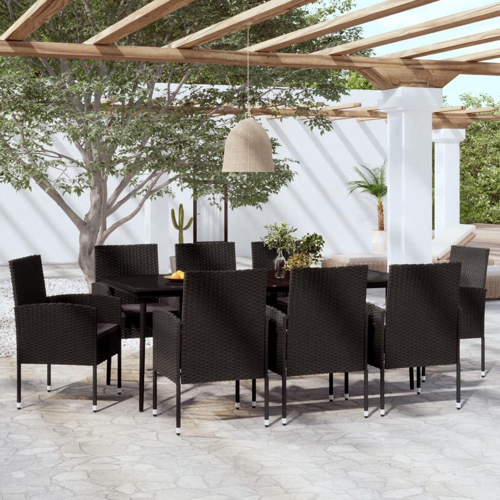 vidaXL 9-Piece Black PE Rattan Outdoor Patio Dining Set - Thumbnail 2