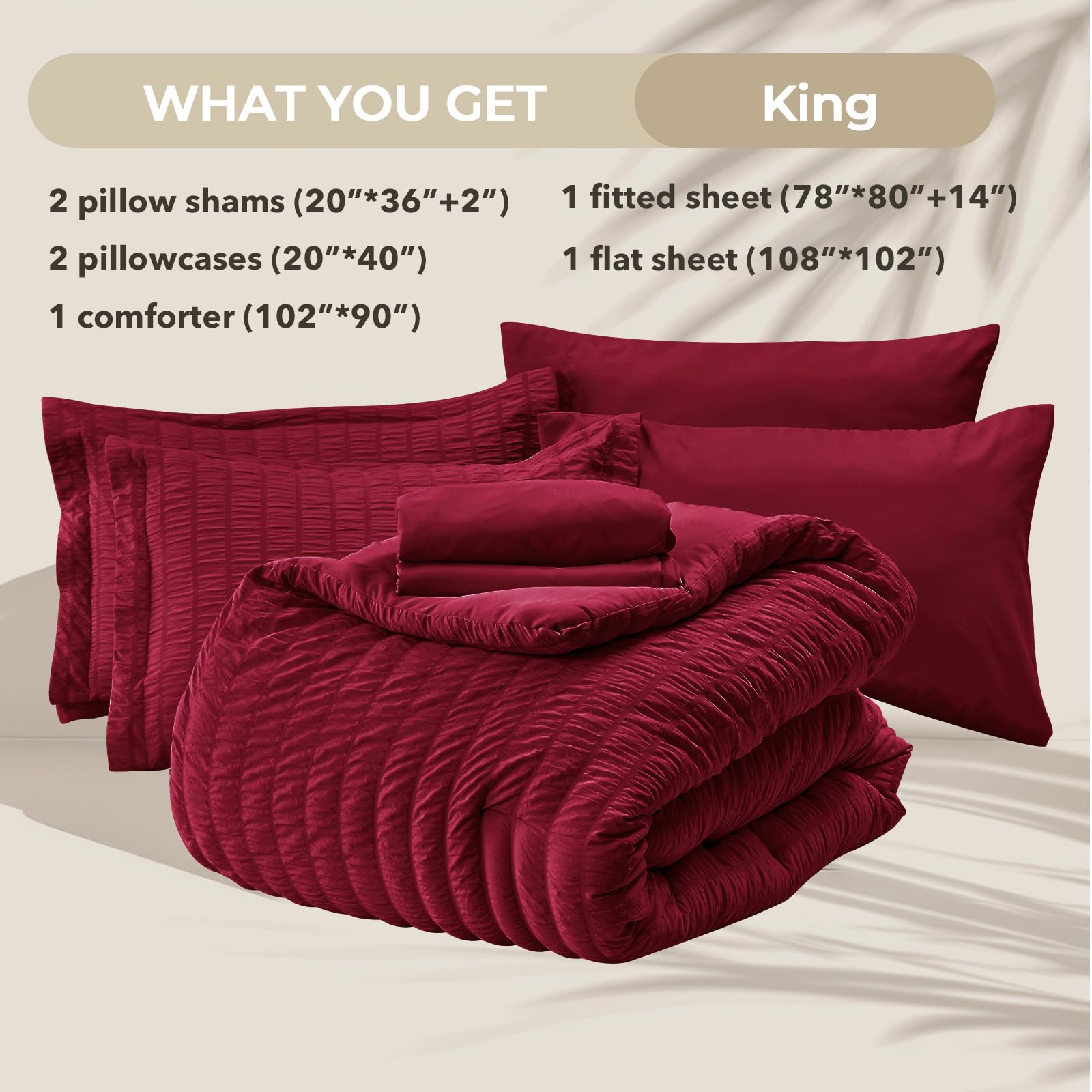Hymokege Burgundy King Size Comforter Set Seersucker 7 Pieces, All Season Luxury Bed In A Bag For Bedroom, Bedding Set With Comf