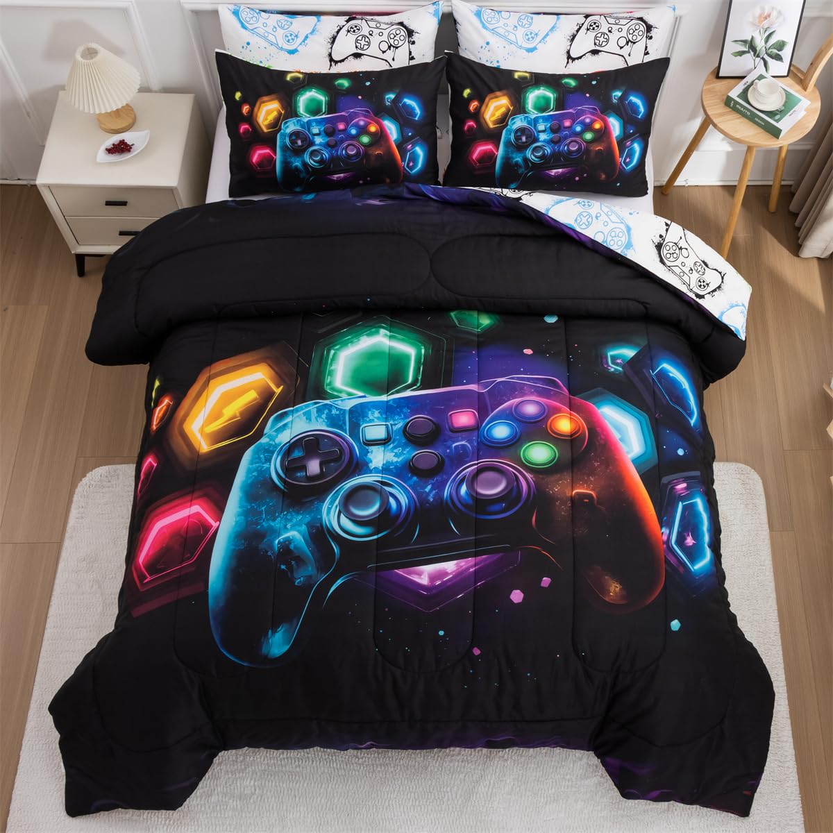 Ntbed Game Console Comforter Set For Boys Girls Kids Space Universe Gaming Geometric Lightweight Microfiber Gamer Bedding Sets (
